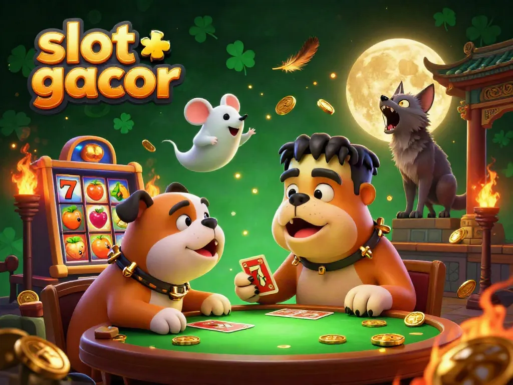 Join the slot gacor excitement with a lively 3D illustration of a Frankenstein bulldog dealer at a spooky casino table.