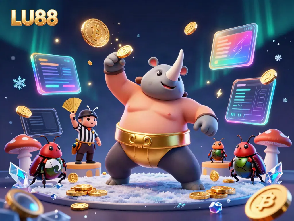 Experience LU88's thrilling gaming dynamic with a cartoon rhinoceros beetle stomping gold coins amid a vibrant casino scene.