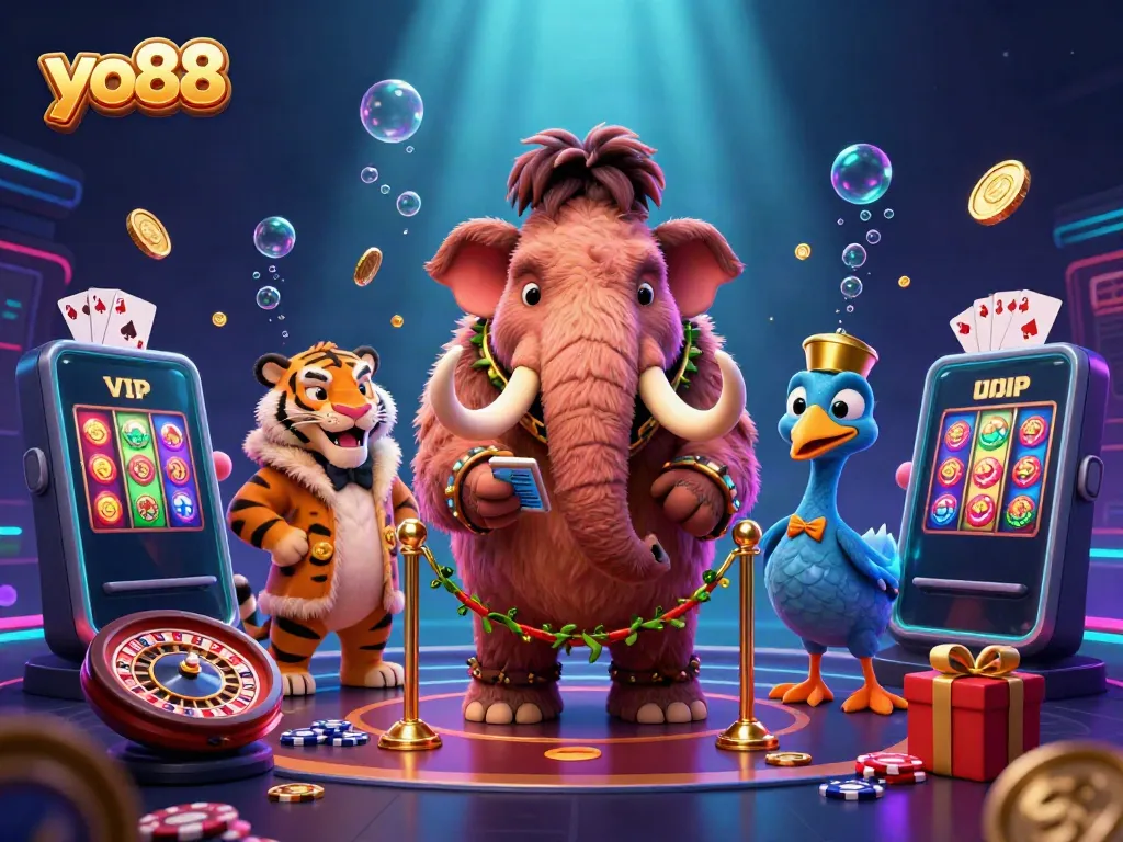 Experience the excitement of yo88 casino with vibrant 3D characters engaging around dynamic slot games and roulette.