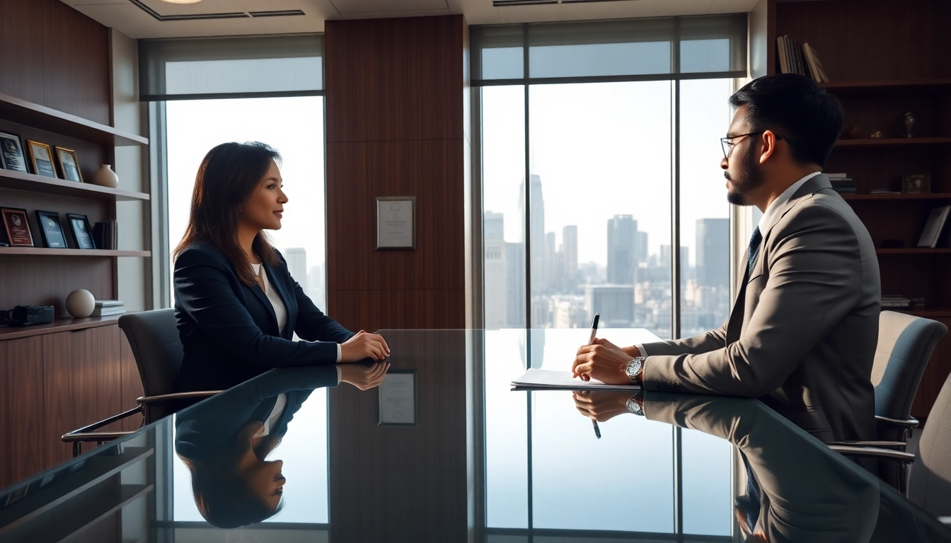 Headhunter Schweiz berät einen Kandidaten in einem modernen Büro mit Blick auf die Stadt.