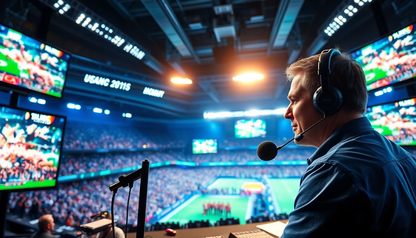 Dynamic sports broadcasting scene with an announcer and multiple screens showcasing live events.