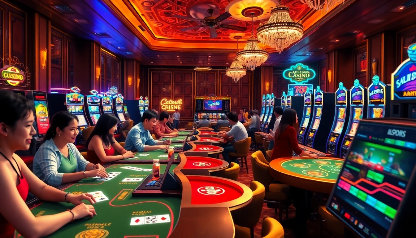 Játékosok élvezik az online kaszinó játékokat lenyűgöző díszletek között.