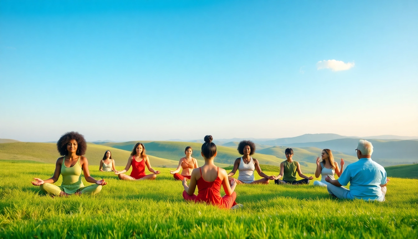 Mental health awareness event with diverse individuals practicing mindfulness in nature.