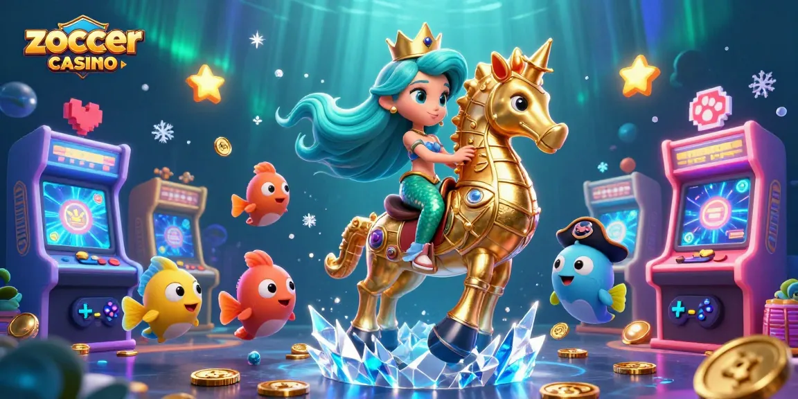 Engage with zoccer casino's vibrant 3D world, featuring a mermaid and seahorse among gaming elements.